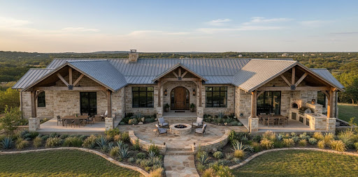 Aerial view of a sprawling Texas Hill Country ranch home with limestone exterior, metal roof, and exposed timber trusses, featuring a stone patio, and native xeriscape landscaping overlooking a wooded valley.