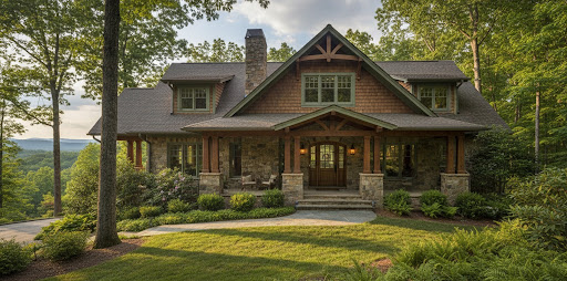 Craftsman-style mountain home with stone and cedar shake exterior, covered front porch, and timber accents surrounded by lush forest landscaping.