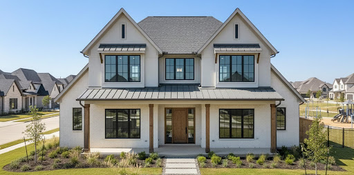 Two-story modern farmhouse with white painted brick exterior, black-framed windows, mixed metal and shingle roof, covered front porch with wood posts and a natural wood front door, set in a new suburban neighborhood with manicured landscaping and a community playground visible in the background.