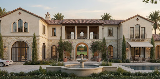 Grand Mediterranean-style estate with stucco and limestone exterior, clay tile roof, and arched windows and doorways, featuring a central courtyard with a stone fountain, columned upper loggia, manicured cypress trees, flowering plants, and a pool, framed by tall palm trees at dusk.