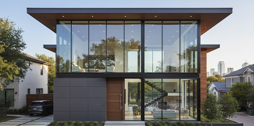 Two-story contemporary home with full-height black-framed curtain wall glass, cantilevered flat roof with wood soffit, gray metal panel base, and a pivoting wood front door, revealing an open-plan interior with a floating staircase, set in an urban neighborhood with a city skyline visible in the distance.