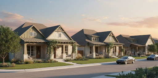 A row of craftsman-style single-story homes at sunset featuring stone and board-and-batten exteriors, decorative gable trusswork, covered front porches with climbing vines, and landscaped yards with ornamental grasses, set along a quiet residential street.