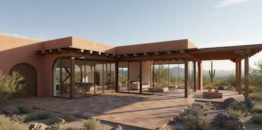 Exterior rear view of a Southwestern adobe-style home with terracotta-colored stucco walls, rustic wood beam pergolas, and large glass sliding doors opening to a tiled patio with an outdoor fire pit, set against a sweeping desert landscape with saguaro cacti and distant mountains.