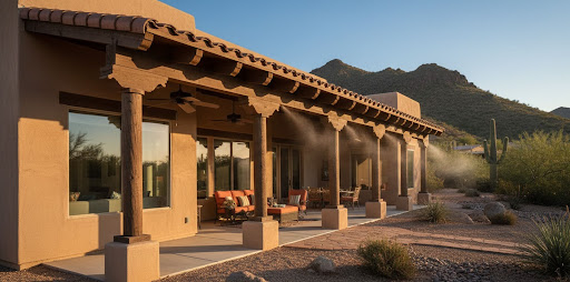 Exterior rear view of a Territorial-style desert home with warm tan stucco walls, a clay tile roof, and a covered patio supported by decorative wood columns, furnished with rust-colored outdoor seating and ceiling fans with an active misting system, surrounded by native desert landscaping and a dramatic rocky mountain backdrop