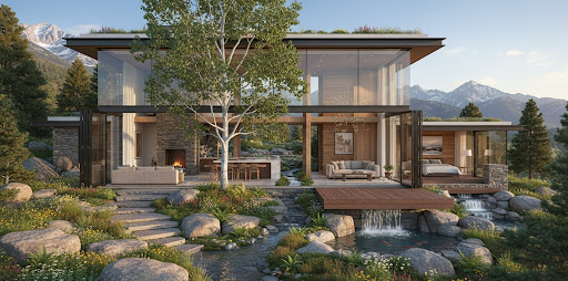 Modern mountain home plan with floor-to-ceiling glass walls, stone fireplace, wood decking over a waterfall pond, and snow-capped mountain views.