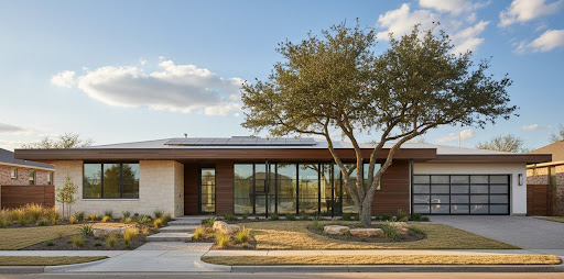 Modern single-story home with flat roof, wood and limestone exterior, floor-to-ceiling windows, glass-panel garage door, solar panels, and drought-tolerant front landscaping with ornamental grasses and boulders beneath a large shade tree.
