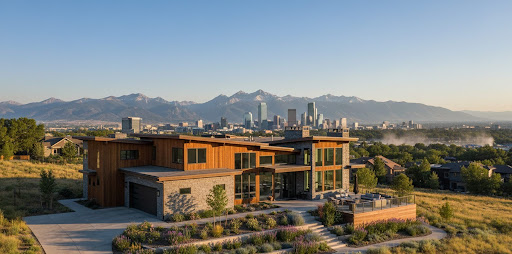 Mountain modern house plan with cedar and stone exterior, rooftop deck, and sweeping views of the Denver skyline and Rocky Mountains.