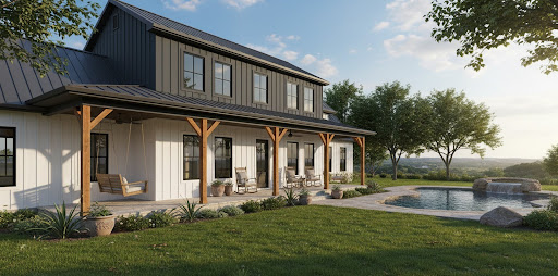Two-story modern farmhouse with white board-and-batten siding, dark metal roof, and wraparound covered back porch featuring wood timber posts, a porch swing, and rocking chairs, adjacent to a freeform pool with a rock waterfall feature and lush green lawn overlooking a wooded hillside.