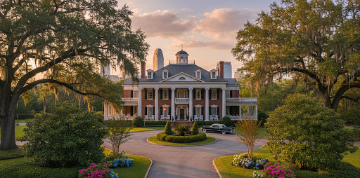 Grand Southern Colonial mansion with white columns, brick facade, circular driveway, and Spanish moss-draped oak trees at sunset.