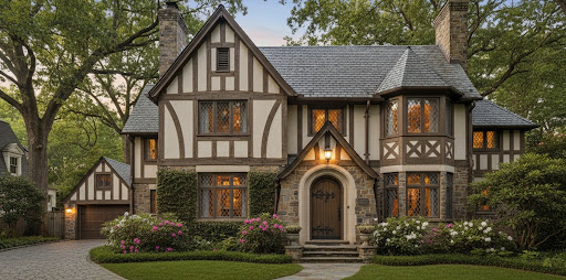 Tudor-style home with cream stucco and dark timber framing, stone facade, arched wooden front door, leaded glass windows, and lush garden landscaping.