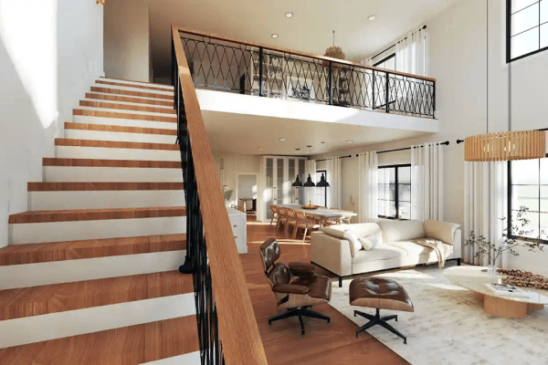 Modern interior with open loft space and elegant staircase.