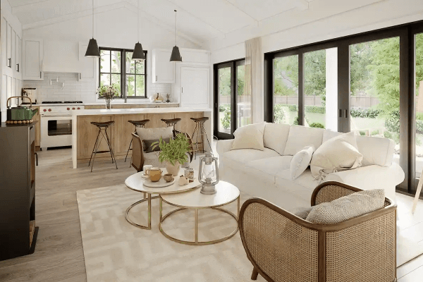 Cozy open living area with a kitchen island and large windows.