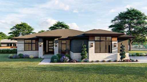 Modern 4 bedroom house plan with single-story layout, large front windows, covered entry, and attached garage