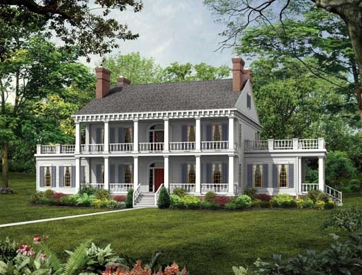 Plantation style house plan with double wraparound porches, tall white columns, symmetrical facade, and central staircase entry